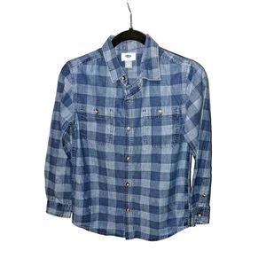 Boys Block print denim button-down shirt.